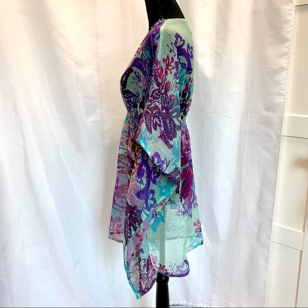𝅺Tropical chiffon sheer teal blue purple floral beach cover-up blouse sequin SzM - Picture 5 of 10